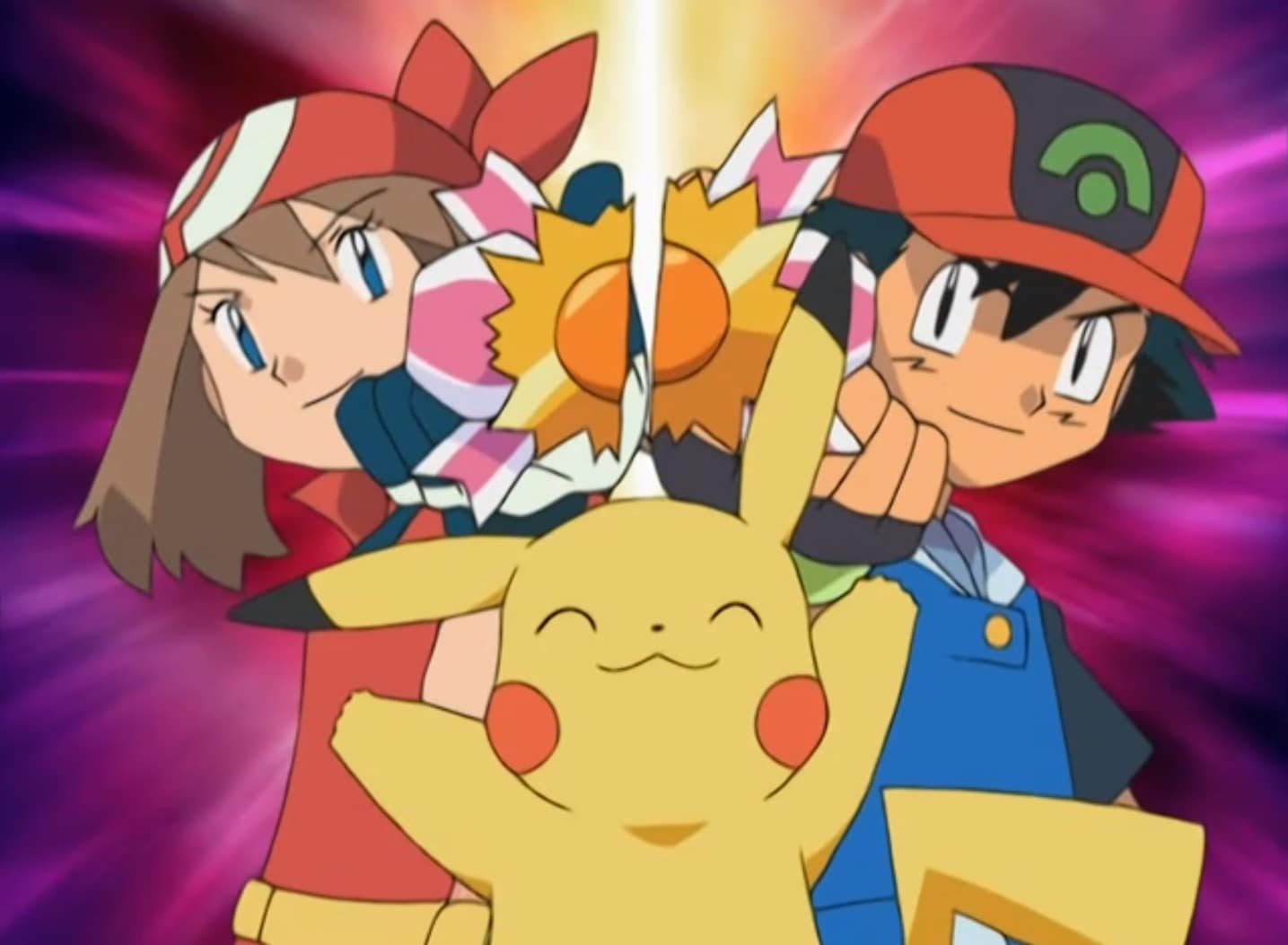 Ash, May, and Pikachu